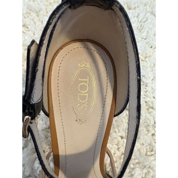 Tods Two Tone Patent Leather Wedge Heels 39 NWOB New Black Tan - Picture 6 of 6